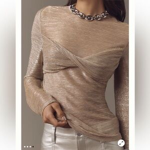 NWT Anthropologie Top  Sz Lg Shine Gold Metallic Twist Front Long Sleeve